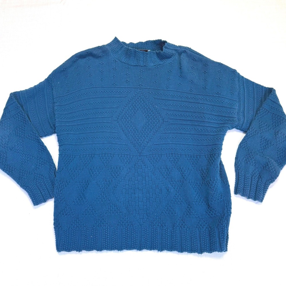 Vtg Bedford Fair Blue Knit Cotton‎ Diamond Pattern Mock Neck Sweater Medium